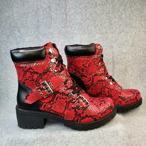 Red Black Snake Print Lace Up Side Buckle Strap Detail Combat Boots Size 7